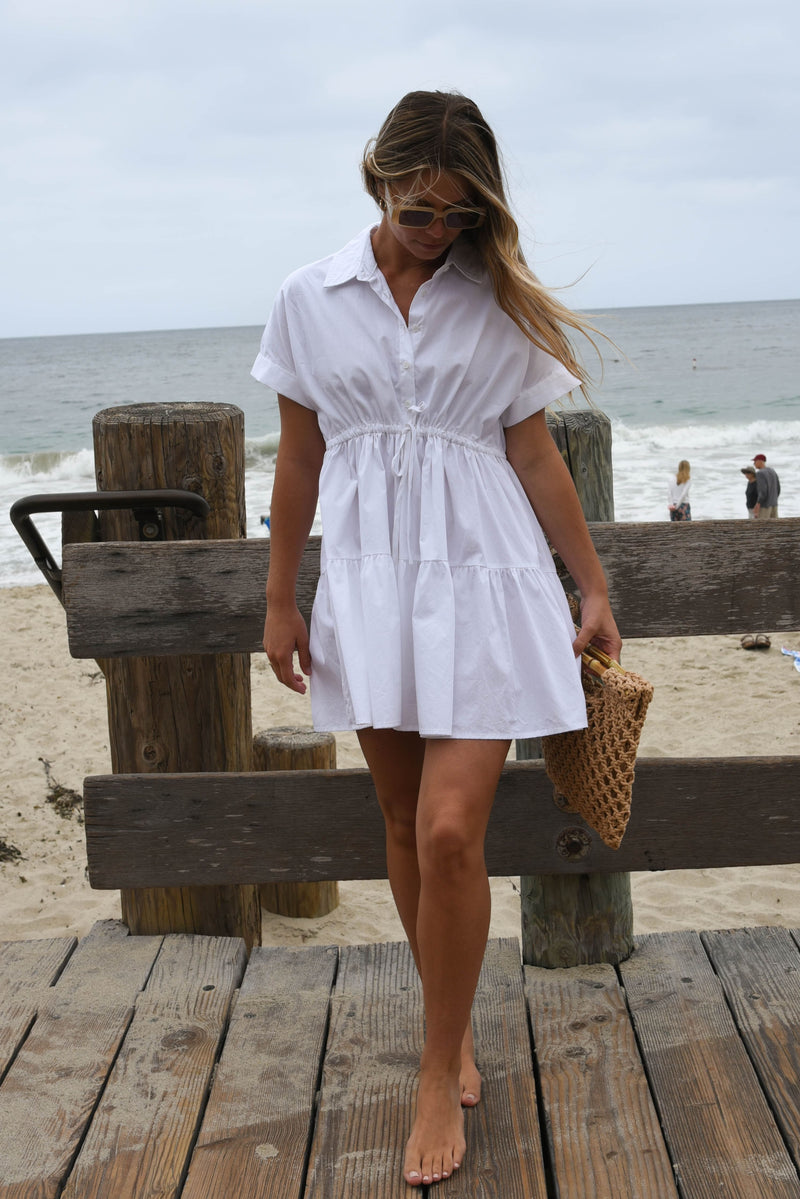 white cotton short sleeve mini dress with tie empire waist 