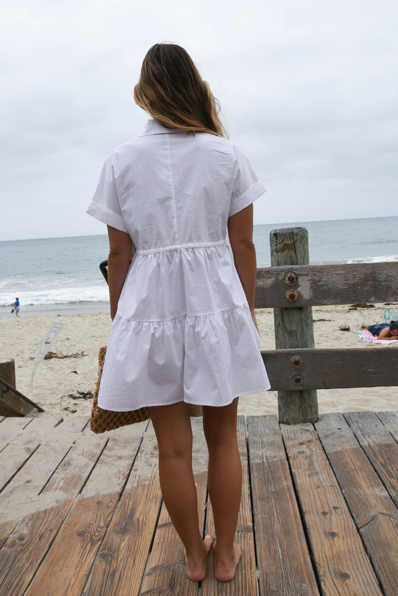white cotton short sleeve mini dress with tie empire waist 
