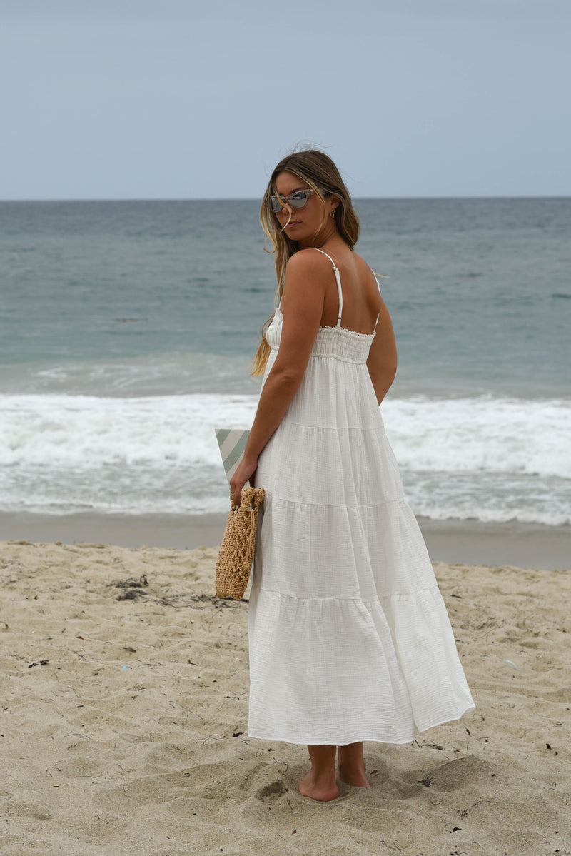 white cotton tiered maxi dress with lettuce trim