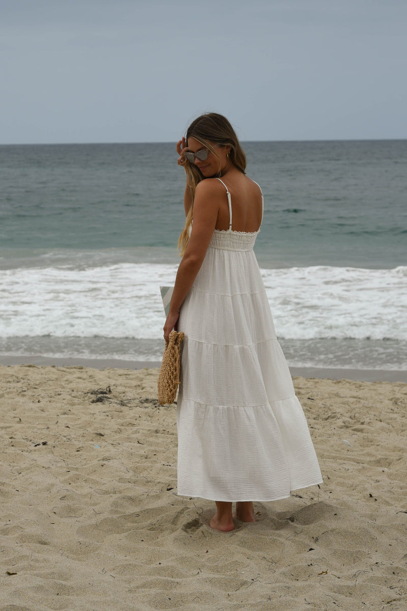 white cotton tiered maxi dress with lettuce trim
