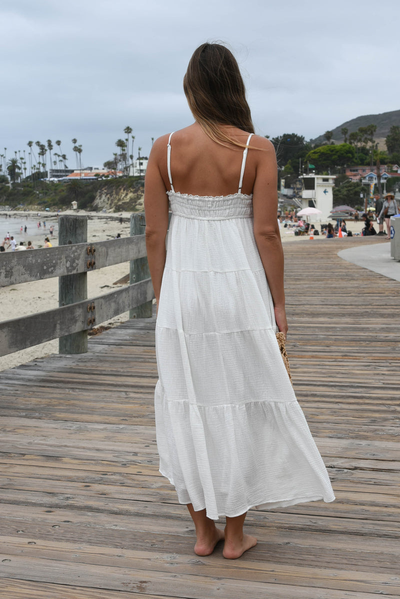 white cotton tiered maxi dress with lettuce trim