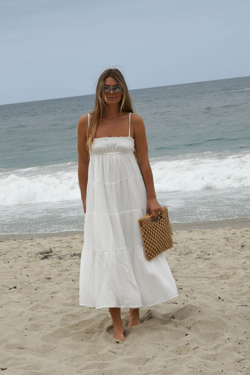 white cotton tiered maxi dress with lettuce trim