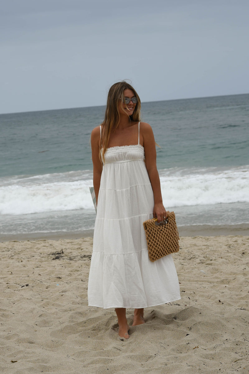 white cotton tiered maxi dress with lettuce trim
