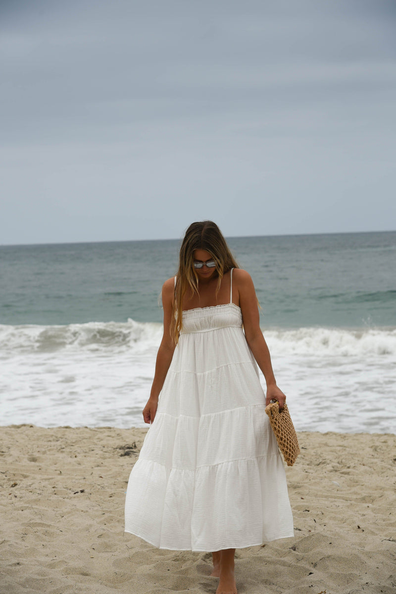 white cotton tiered maxi dress with lettuce trim