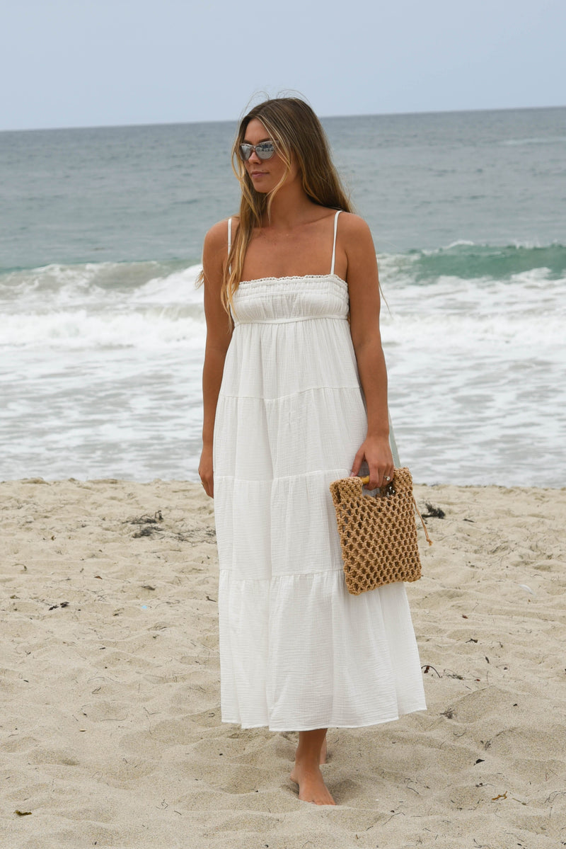 white cotton tiered maxi dress with lettuce trim