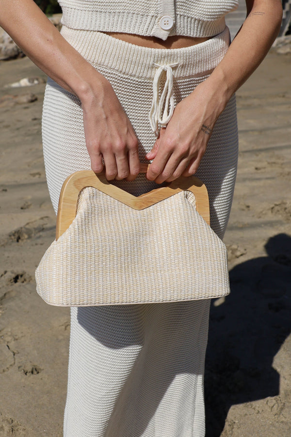 Sadie Woven Wood Clutch - Ivory