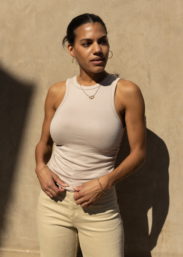 taupe neutral side ruched tank
