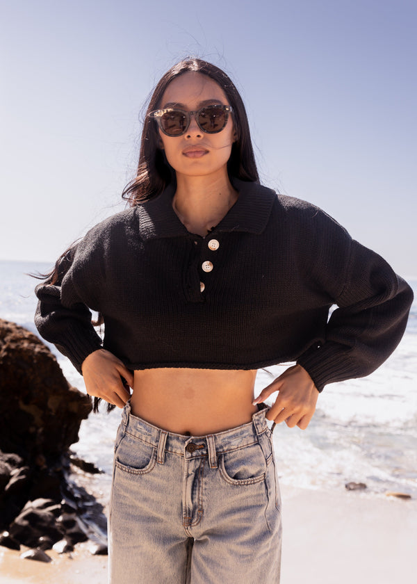 90s black cropped polo sweater