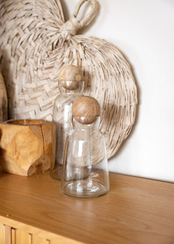 glass and wood decanter