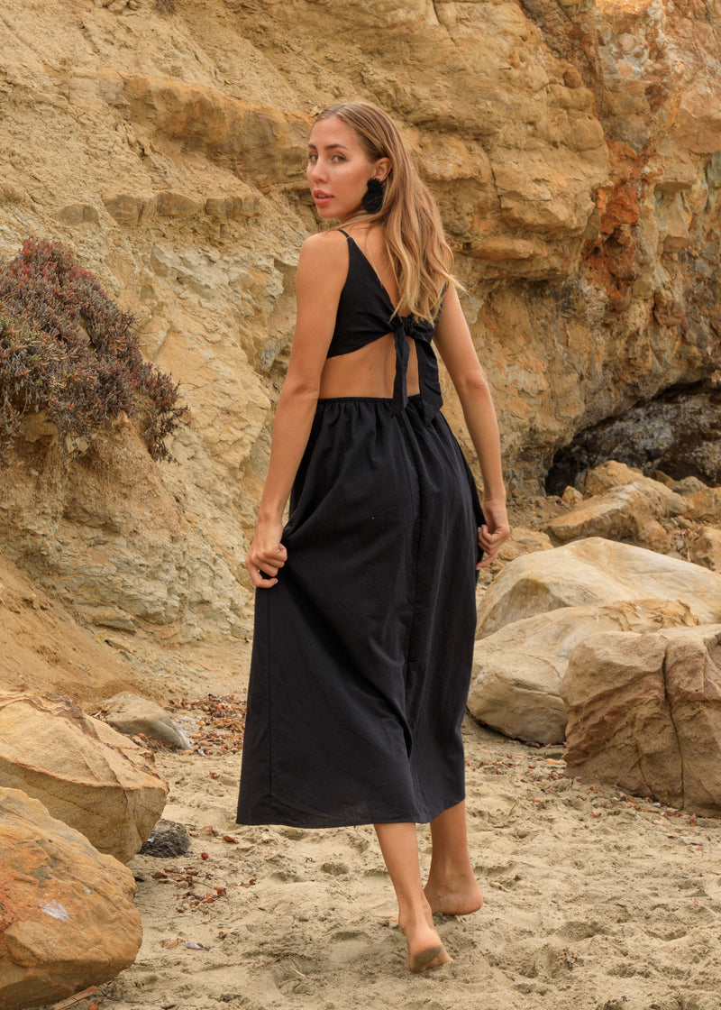 womens black linen cut out sun dress